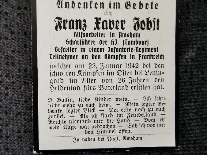 Sterbebild Gefreiter Egglham 9. Komp. Inf. Regt. 423 HJ-Scharführer Amsham Spasskaja Russland