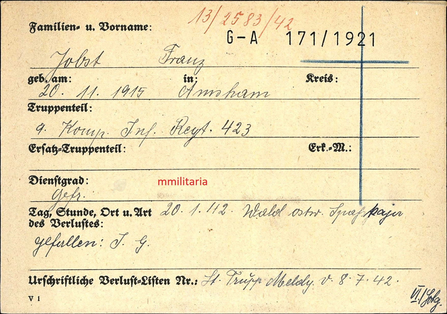 Sterbebild Gefreiter Egglham 9. Komp. Inf. Regt. 423 HJ-Scharführer Amsham Spasskaja Russland