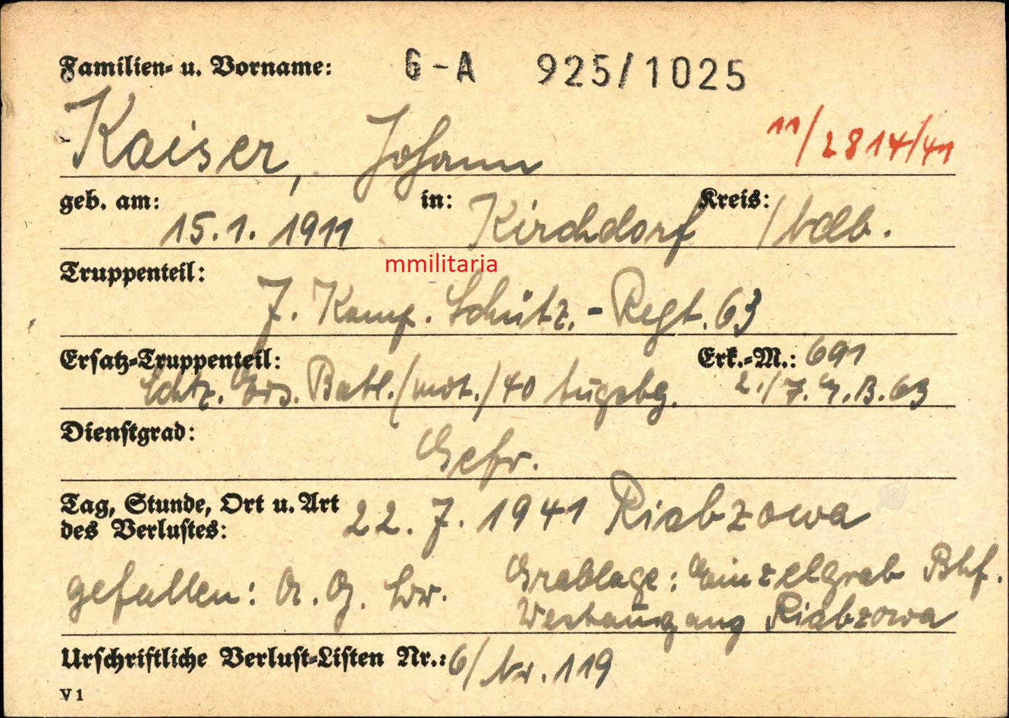 Sterbebild Gefreiter Kirchdorf 7. Komp. Schützen Regt. 63 Osten