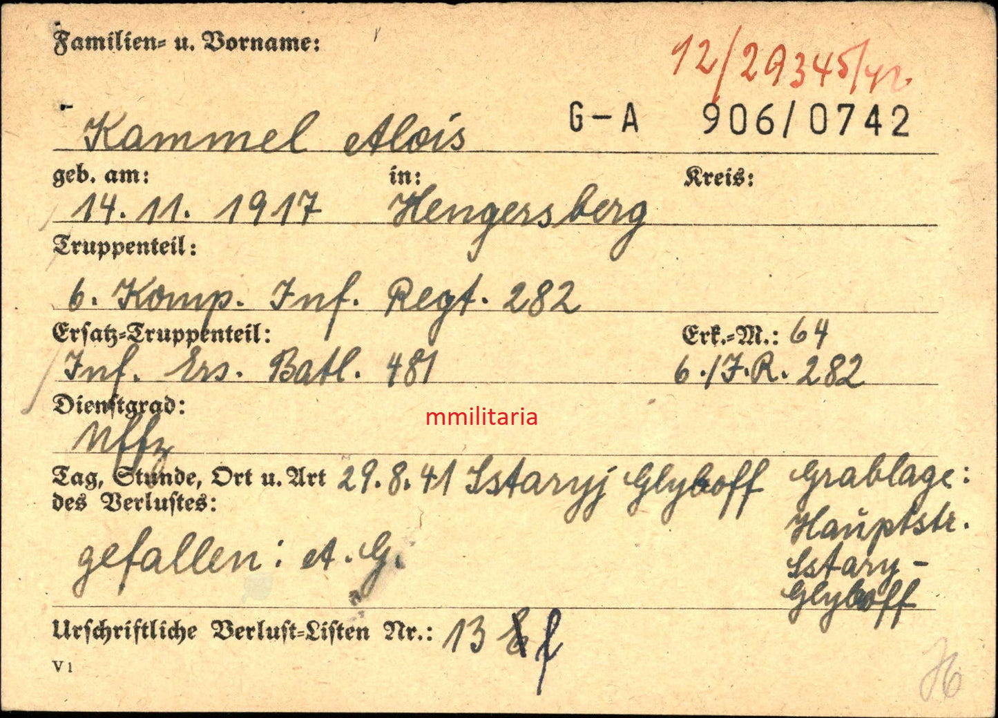 Sterbebild Unteroffizier Hengersberg 6. Komp. Inf. Regt. 282 Sstaryj Glyboff Ukraine