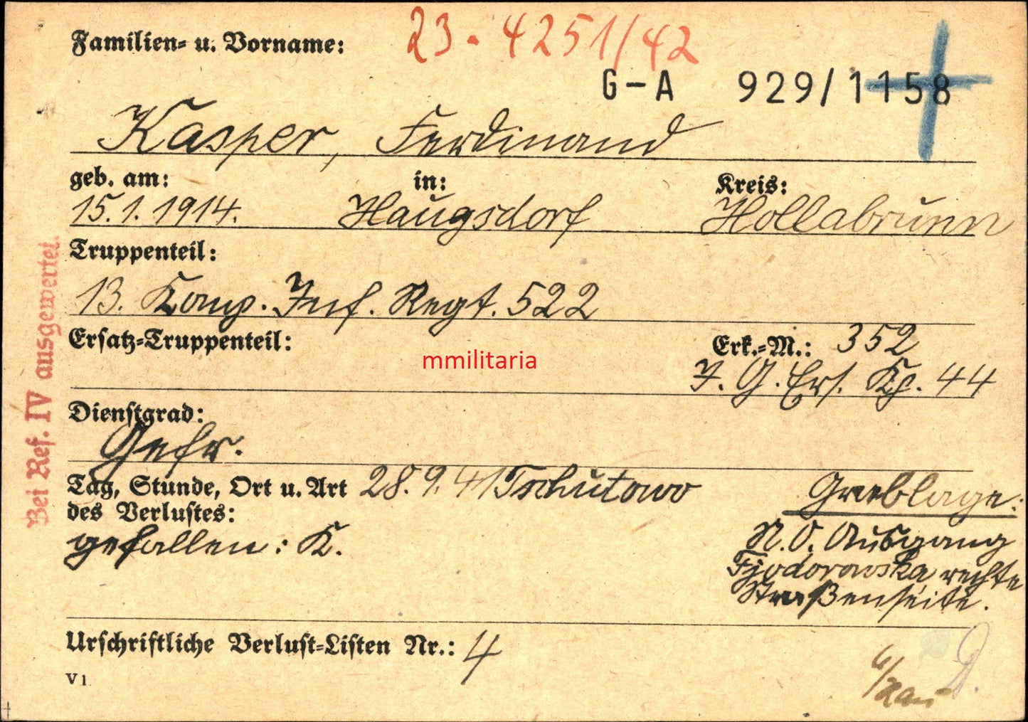 Sterbebild Gefreiter Haugsdorf 13. Komp. Inf. Regt. 522 Tschutowo Russland