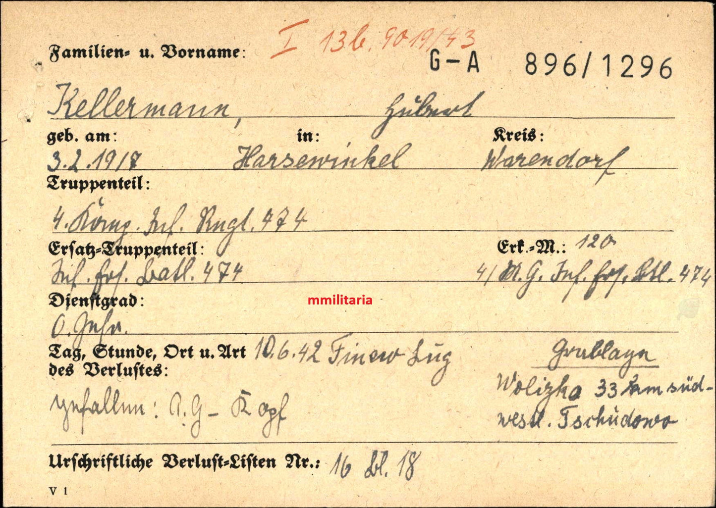 Sterbebild Obergefreiter Harsewinkel 4. Komp. Inf. Regt. 474 Finew Lug Russland