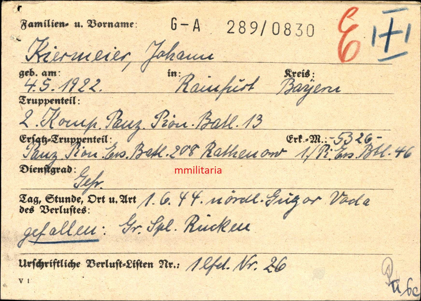 Sterbebild Gefreiter Reinfurt 2. Komp. Panzer Pio. Btl. 13 Gunzor Voda Rumänien