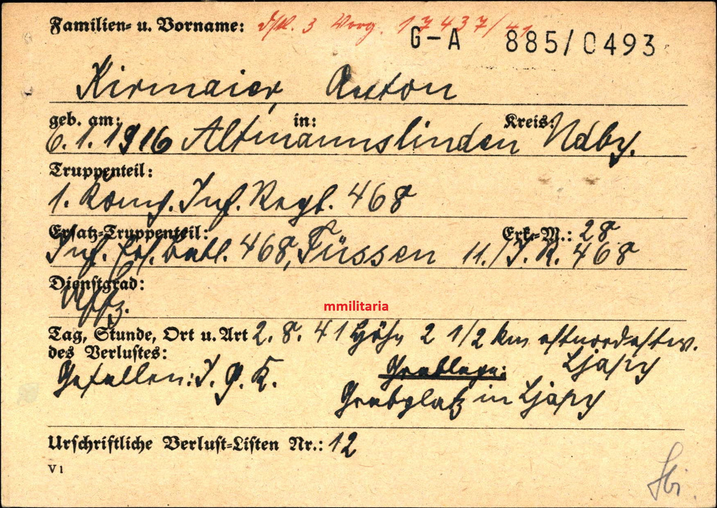 Sterbebild Unteroffizier Altmannslinden 1. Komp. Inf. Regt. 468 Ljapy Russland
