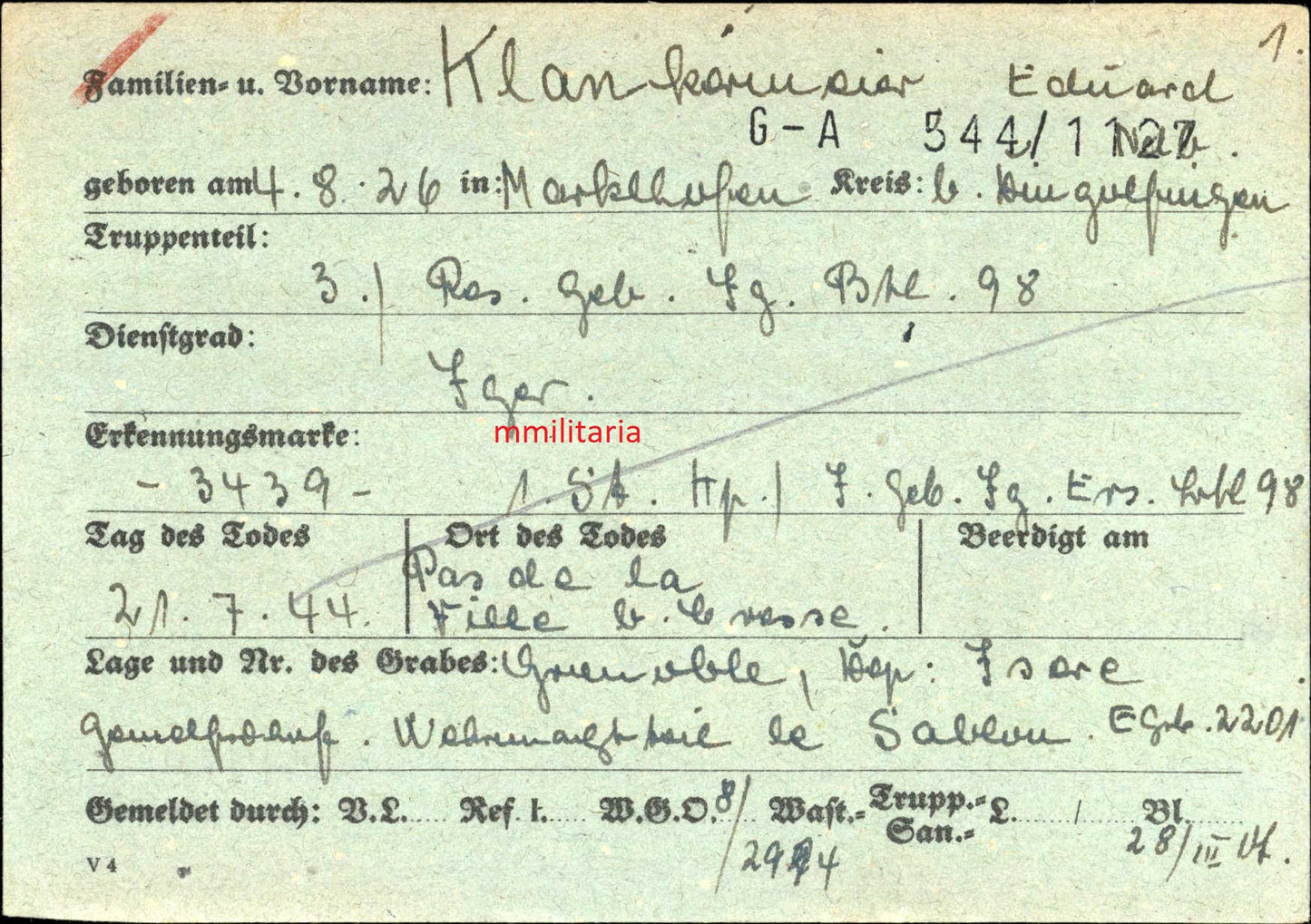 Sterbebild Jäger Marklkofen 3. Res. Geb. Jäger Btl. 98 Pas-de-Ville Grenoble Frankreich