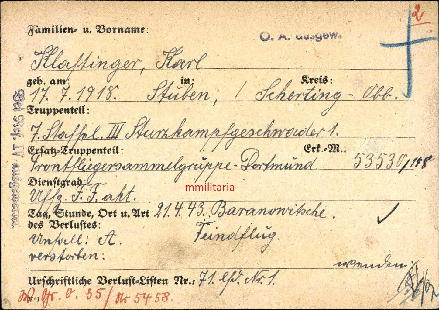 Sterbebild Unteroffizier Stuben 7./III. SG-1 Pilot Stukageschwader FFS Gold Baranowitsche Weissrussland