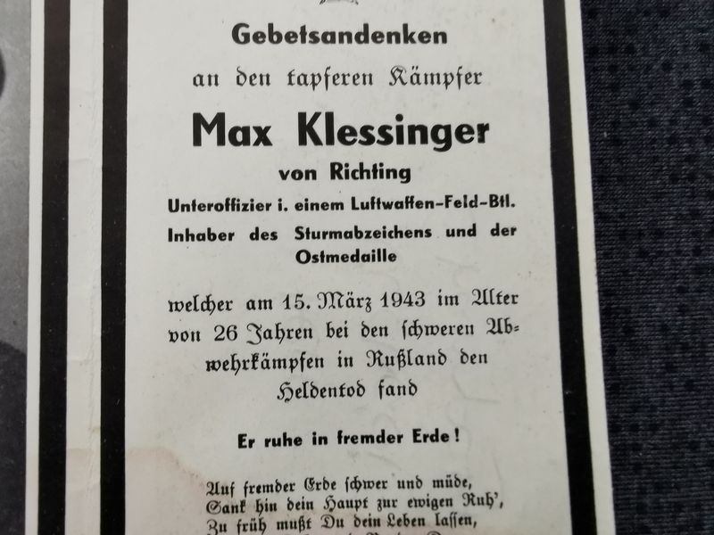 Sterbebild Unteroffizier 1. Komp. Luftwaffen Feld Btl. 4 Parfinostrasse Staraja Russa Russland