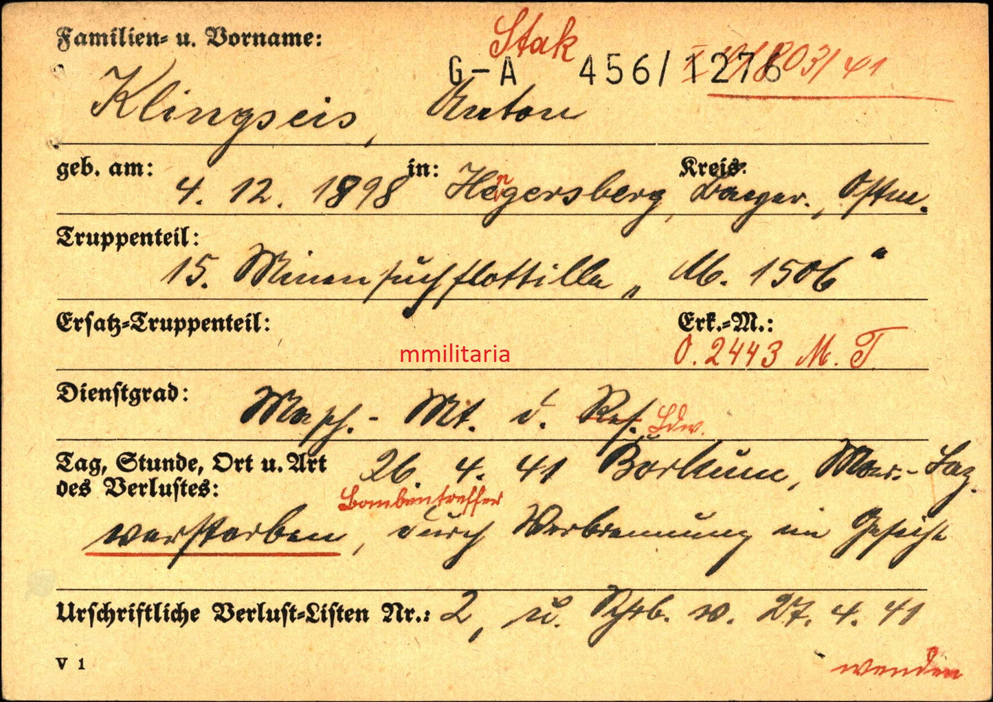 Sterbebild Maschinemaat Hengersberg 15. Minensuchflottille M 1506 Insel Borkum Deutschland