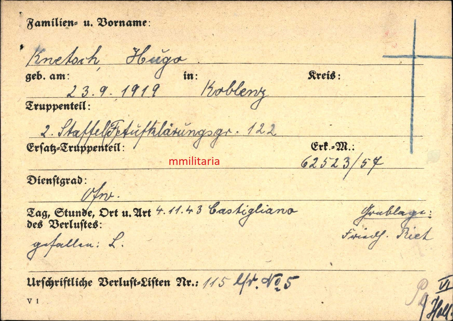 Sterbebild Oberfeldwebel Koblenz Fernaufklärungsstaffel 2(F)/122 DKiG FFS Gold Castigliano Italien