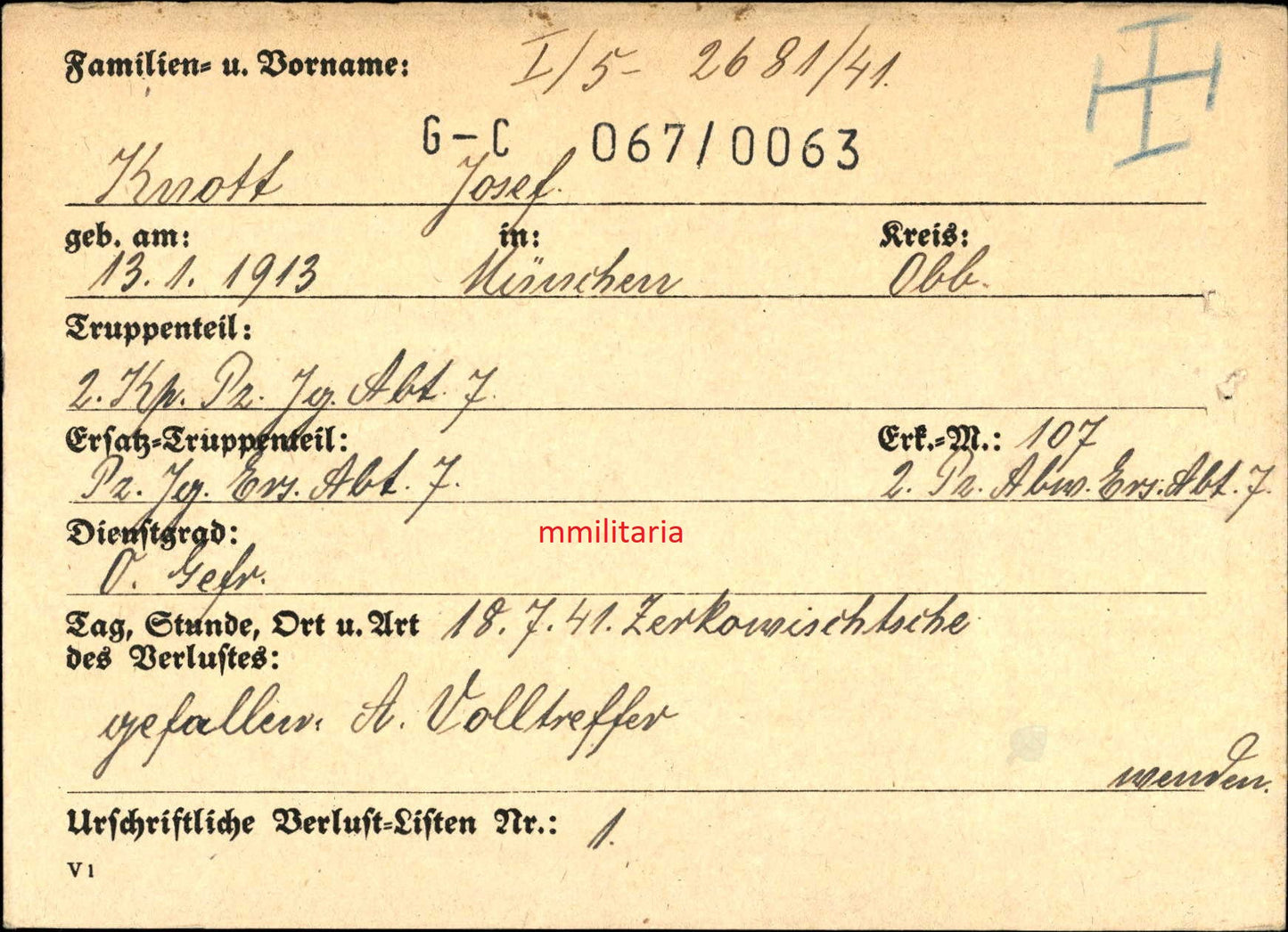 Sterbebild Obergefreiter München 2. Komp. Panzerjäger Abt. 7 Zerkowischtsche Weissrussland