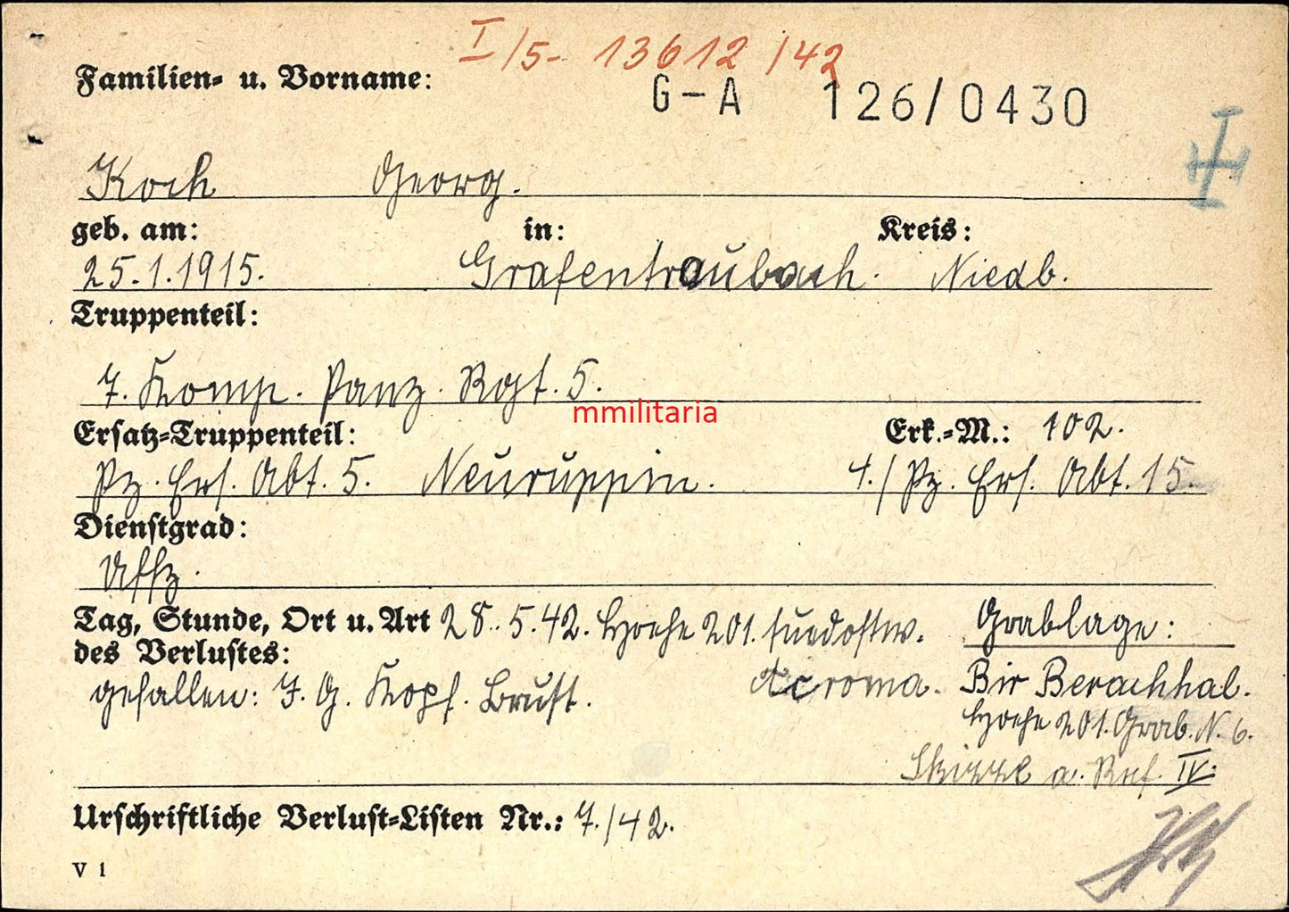 Sterbebild Unteroffizier Grafentraubach 7. Komp. Panzer Regt. 5 DAK PKA Höhe 201 Acroma Libyen Afrika
