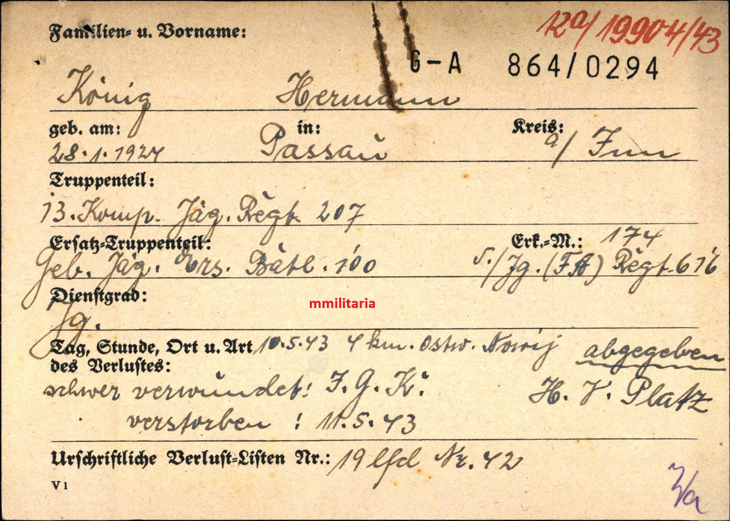 Sterbebild Jäger Passau 13. Komp. Jäger Regt. 207 Nowij Kubanbrückenkopf Russland