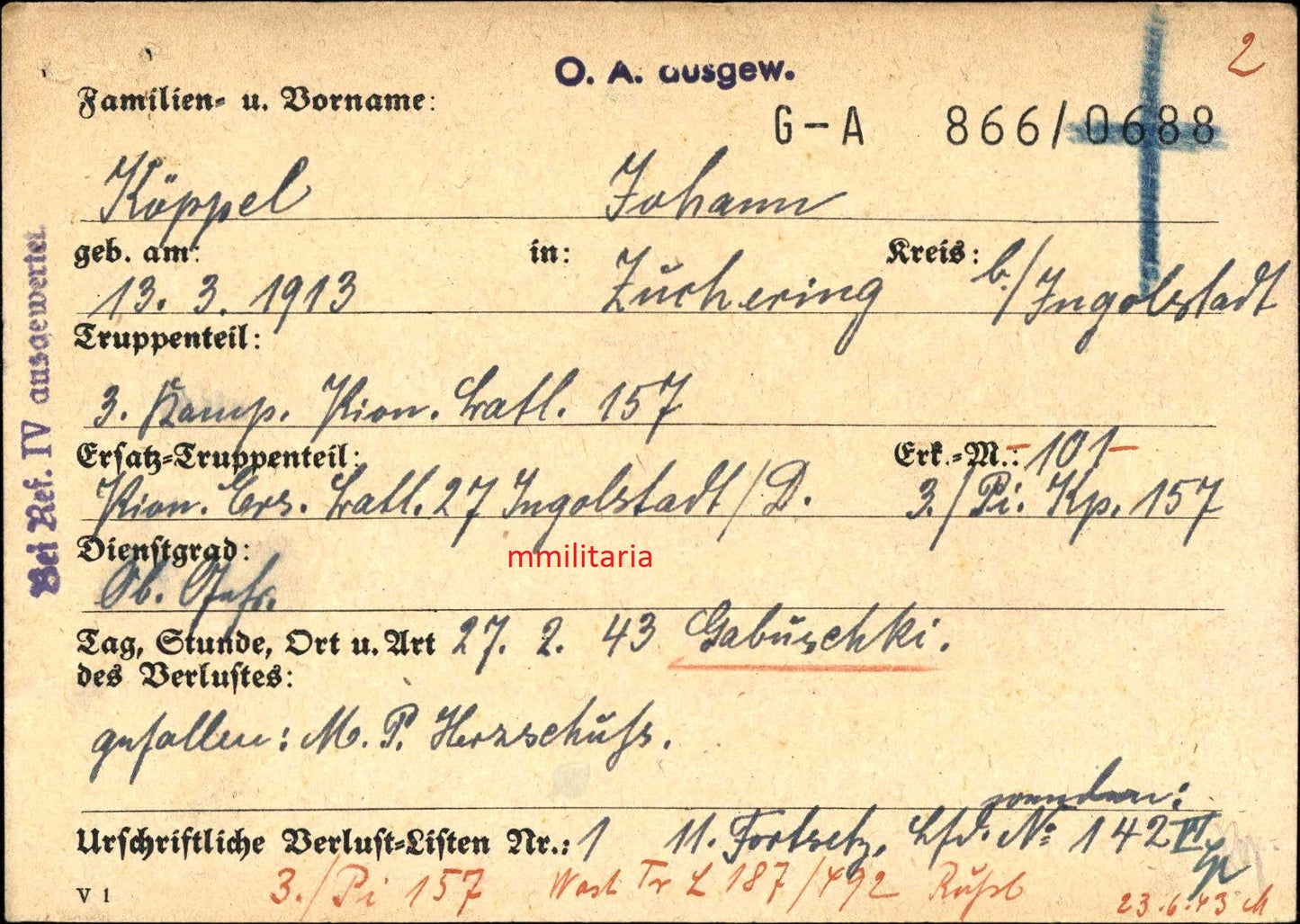 Sterbebild Obergefreiter Ingolstadt 3. Komp. Pionier Btl. 157 Osten