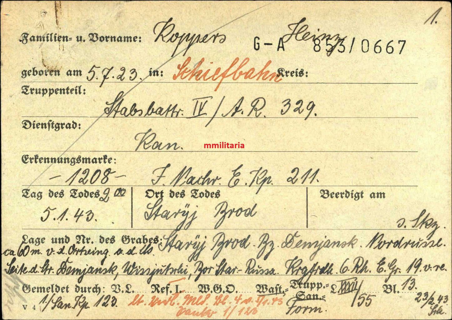 Sterbebild Kanonier Funker Schiefbahn Stabsbatterie IV/Art. Regt. 329 Stary Brod Ilmensee Russland