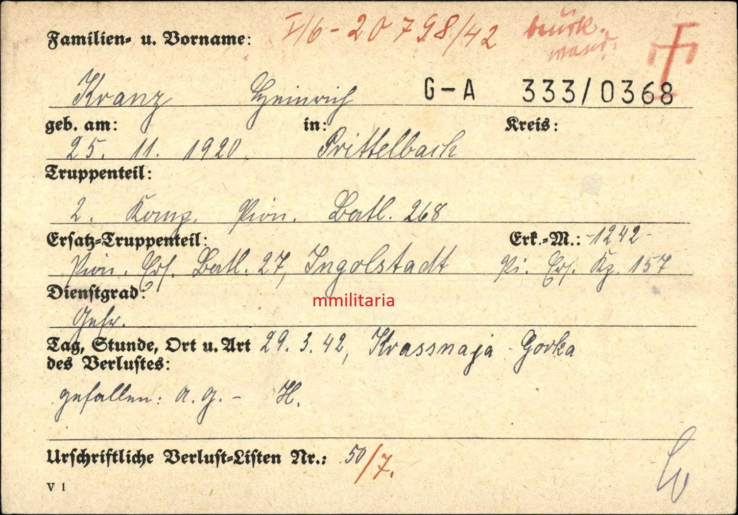 Sterbebild Gefreiter Prittelbach 2. Komp. Pio. Btl. 268 Krasnaja Gorka Russland