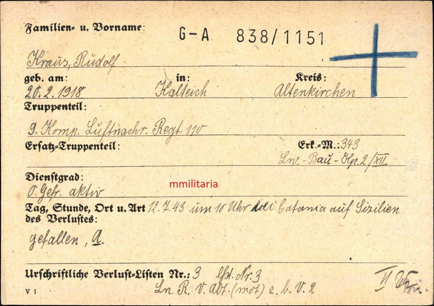 Sterbebild Obergefreiter Kalteich 9. Komp. Luftnachrichten Regt. 110 Luftkampf Catania Sizilien Italien