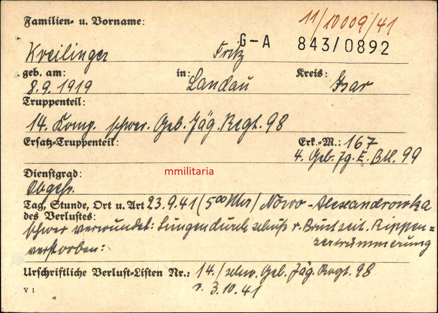 Sterbebild Obergefreiter Landau 14. Komp. Schwere Geb.-Jäger Regt. 98 Nowo-Alexandrowka Ukraine