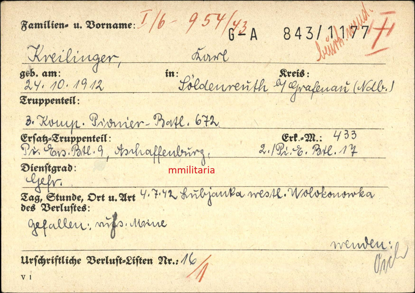 Sterbebild Gefreiter Söldenreuth 3. Komp. Pionier Btl. 672 Wolokonowka Oskoll Russland
