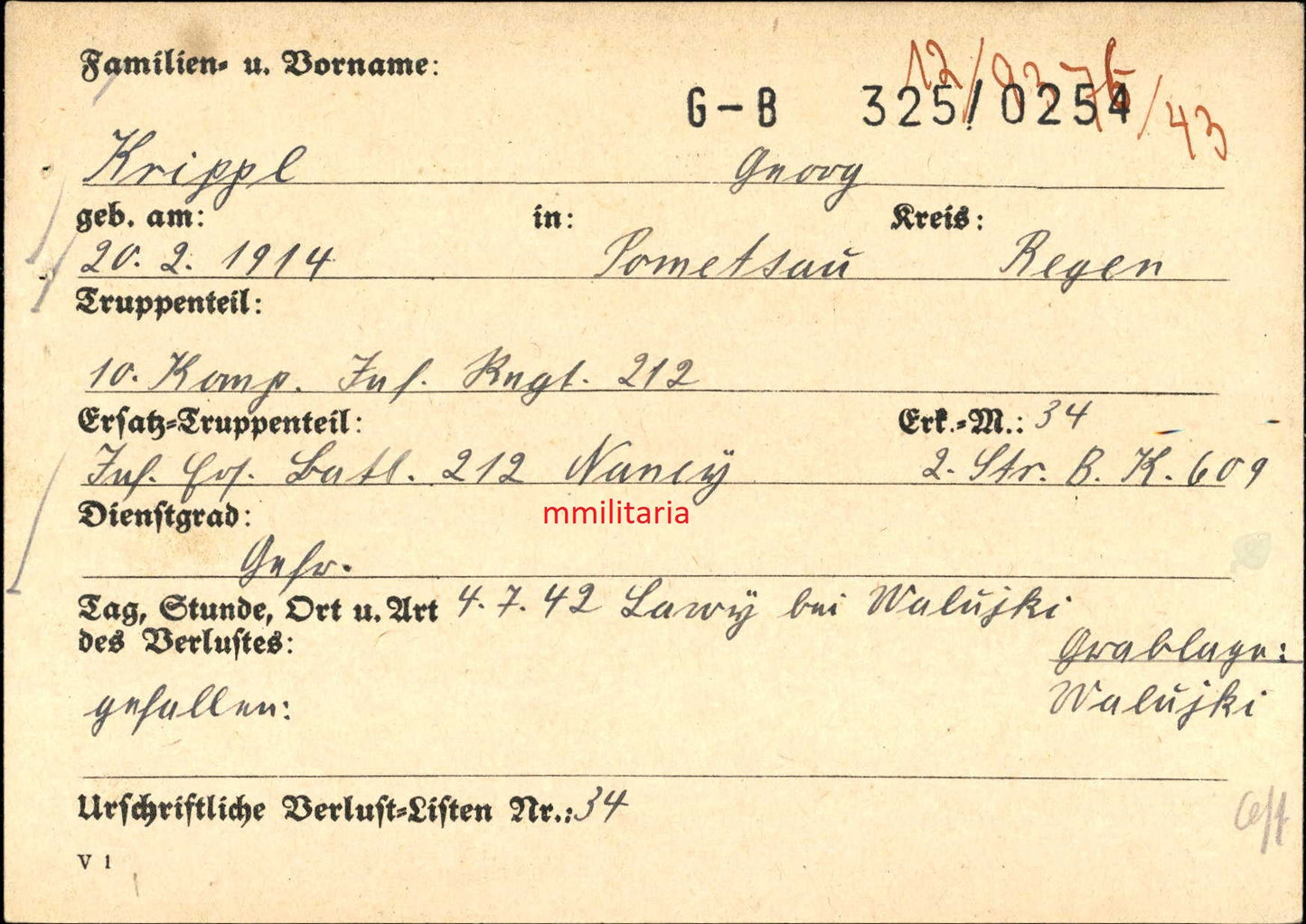 Sterbebild Gefreiter Pometsau 10. Komp. Inf. Regt. 212 Walujki Russland