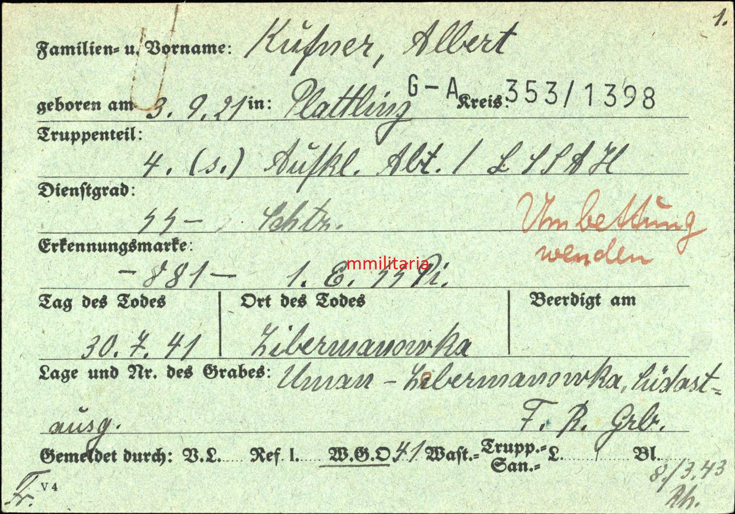 Sterbebild Pionier Plattling 4. SS-Aufklärungs Abt. LSSAH Zibormanowka Kiew Ukraine - www.mmilitaria.com