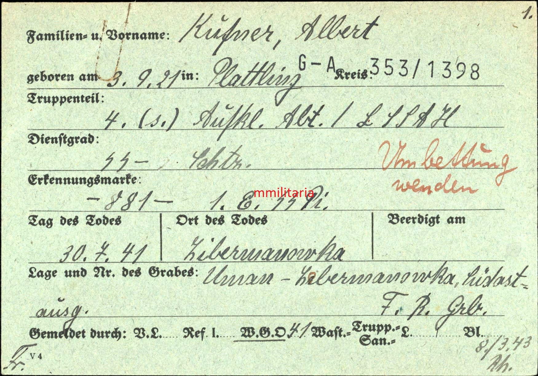 Sterbebild Pionier Plattling 4. SS-Aufklärungs Abt. LSSAH Zibormanowka Kiew Ukraine - www.mmilitaria.com