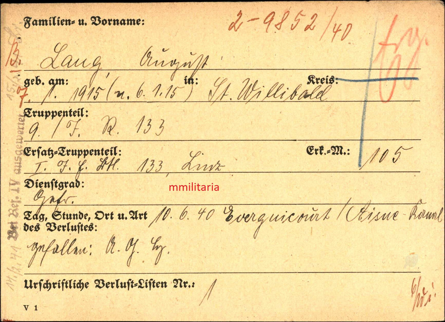 Sterbebild Gefreiter St. Willibald 9. Komp. Inf. Regt. 133 Evergnicourt Aisne Kanal Frankreich