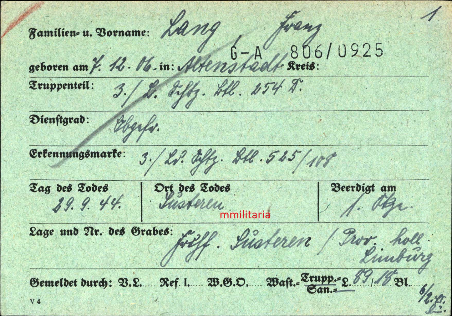 Sterbebild Obergefreiter Altenstadt 3. Landesschützen Btl. 254 Susteren Limburg Ysselsteyn Holland