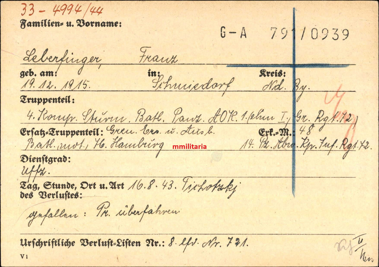 Sterbebild Unteroffizier Schmiedorf 4. Komp. Sturm-Btl. Panzer AOK 1 Tichotzky Ukraine