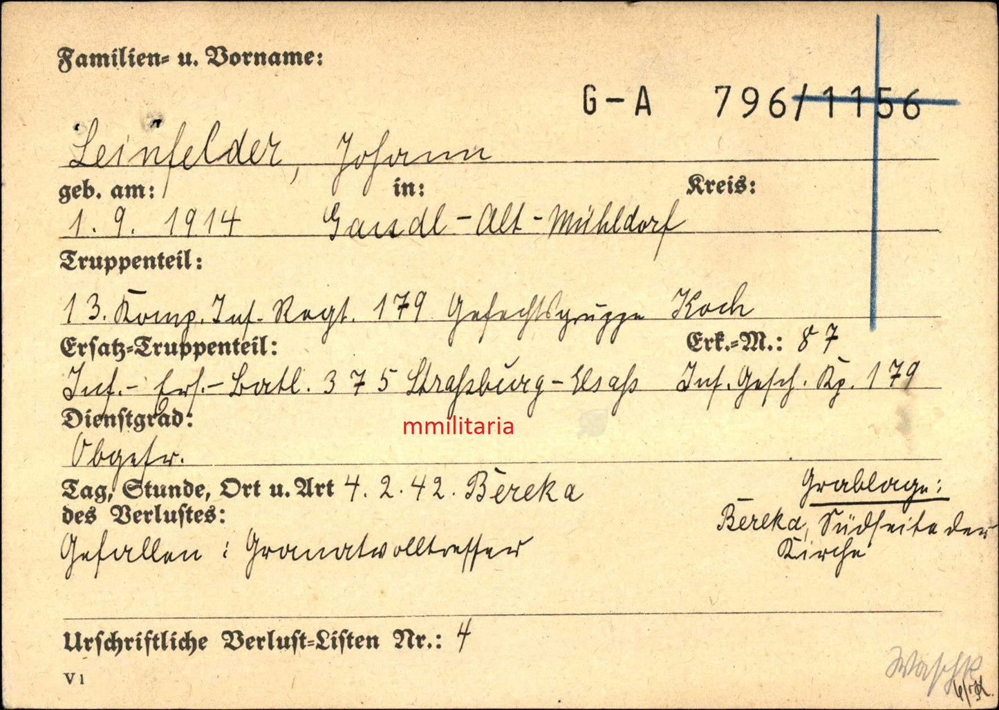 Sterbebild Obergefreiter Alt-Mühldorf 13. Komp. Inf. Regt. 179 "Gefechtsgruppe Koch" Bereka Ukraine