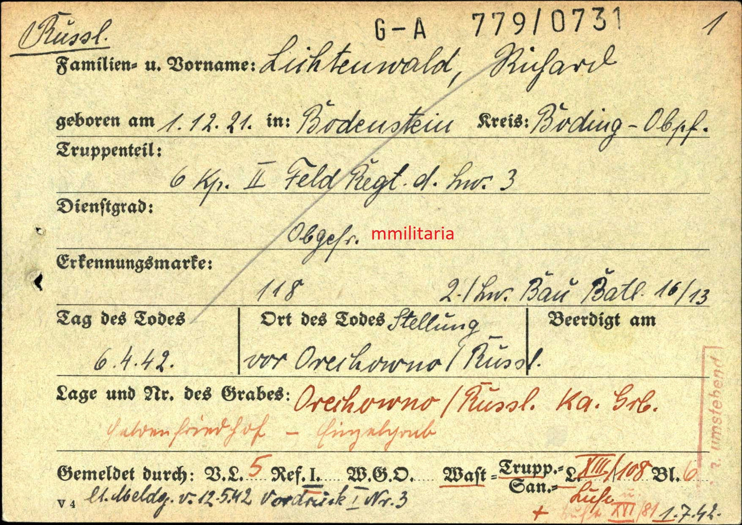 Sterbebild Obergefreiter Bodenstein 6. Komp. Feld Regt. der LW 3 Fliegerhorst Orchowno Russland