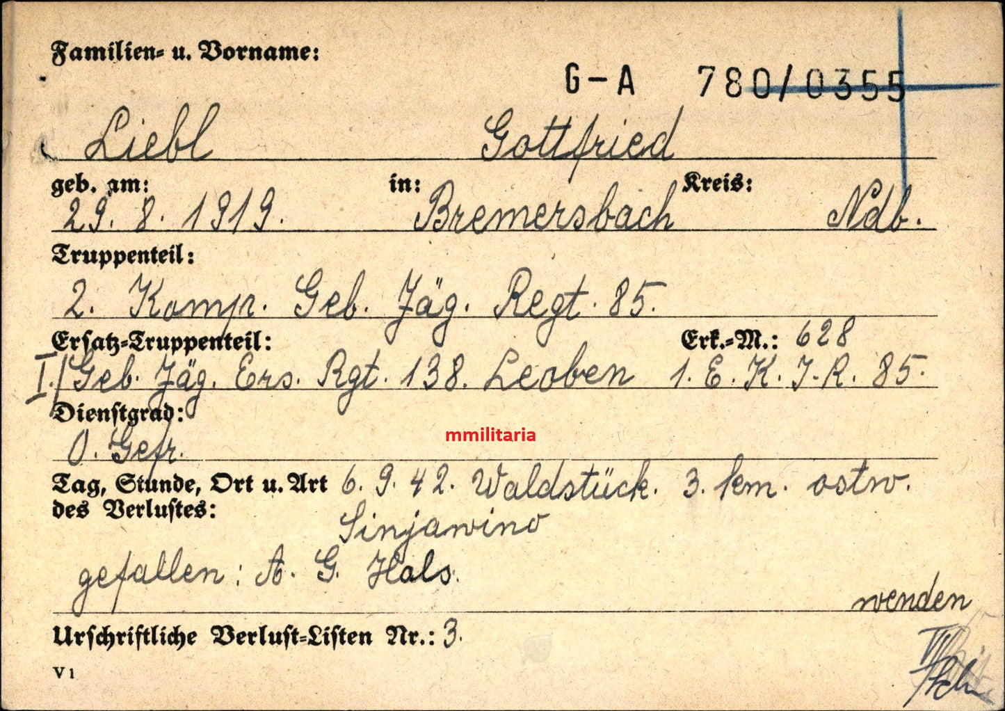 Sterbebild Obergefreiter Bremersbach 2. Komp. Gebirgsjäger Regt. 85 Sinjawino Russland - www.mmilitaria.com