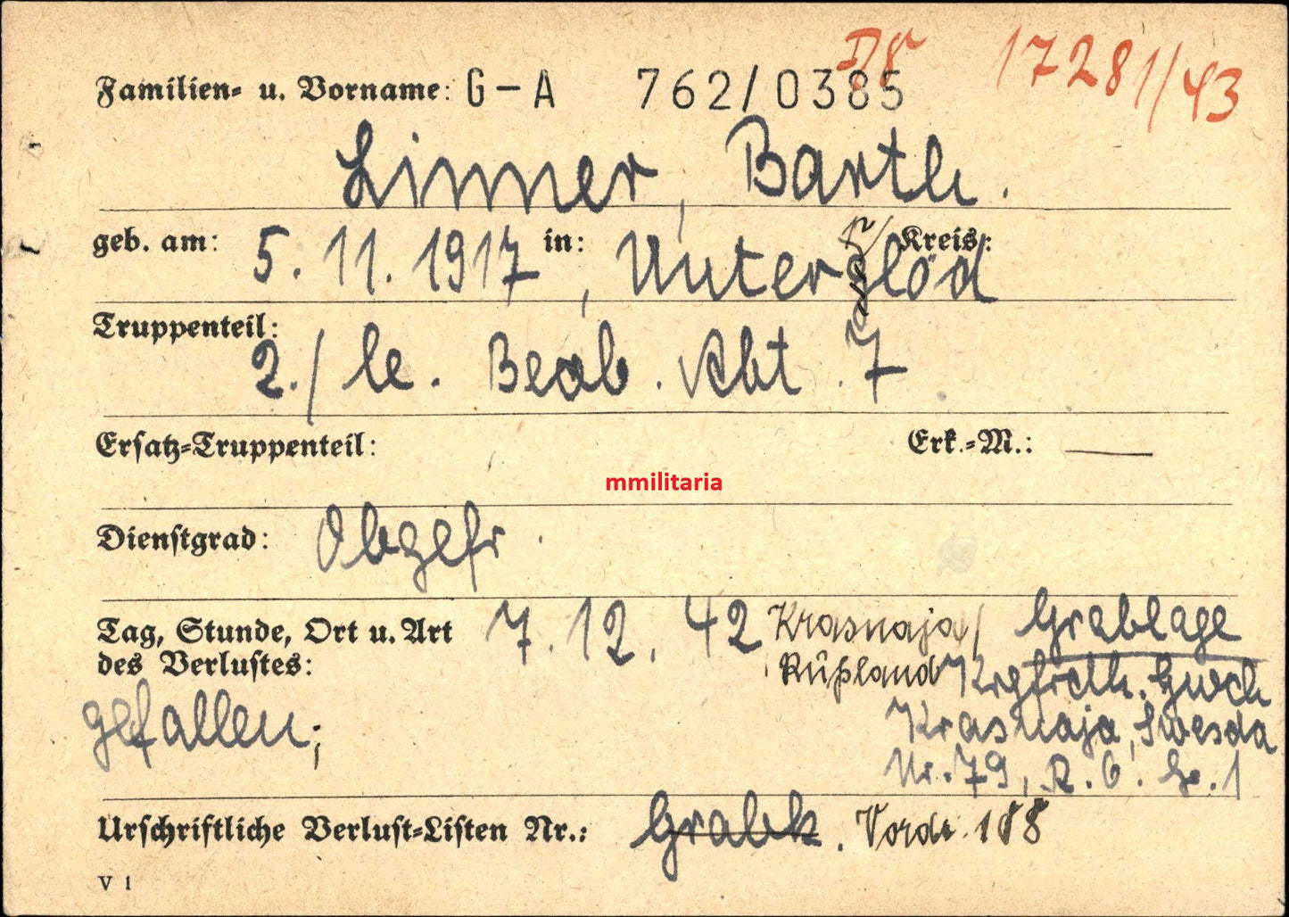 Sterbebild Obergefreiter Unterplöd 2. Leichte Beob. Abt. 7 Panzerangriff Stalingrad Russland