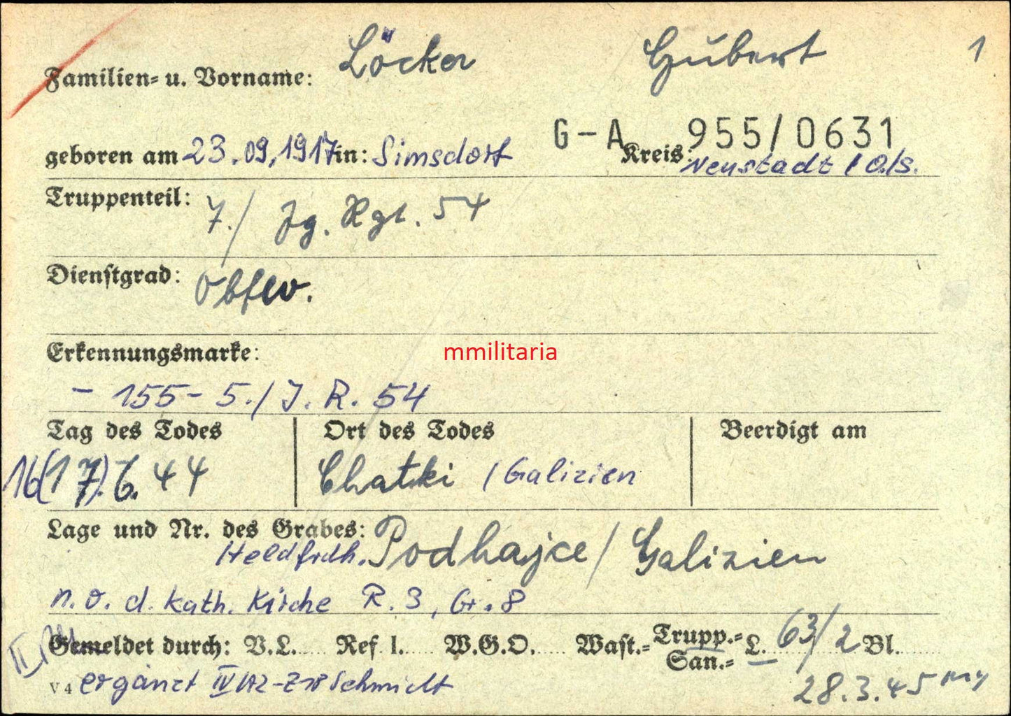 Sterbebild Oberfeldwebel Simsdorf 7. Jäger Regt. 54 EK I & II VWA silber Podhajce Pidgaizy Ukraine - www.mmilitaria.com