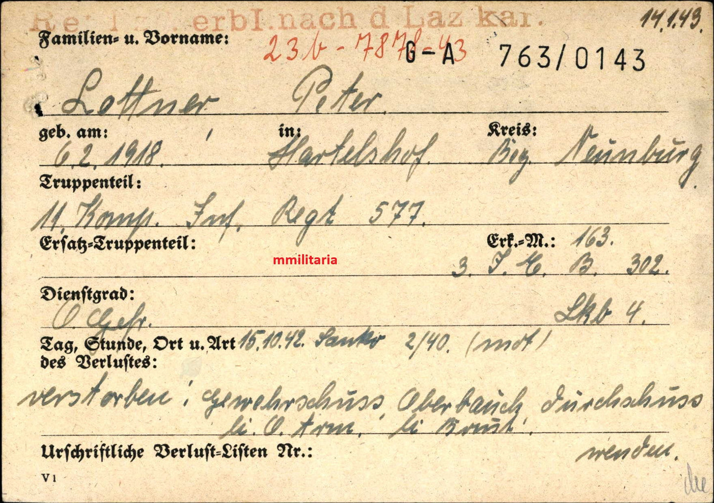 Sterbebild Obergefreiter Hartelshof 11. Komp. Inf. Regt. 577 Stalingrad Russland