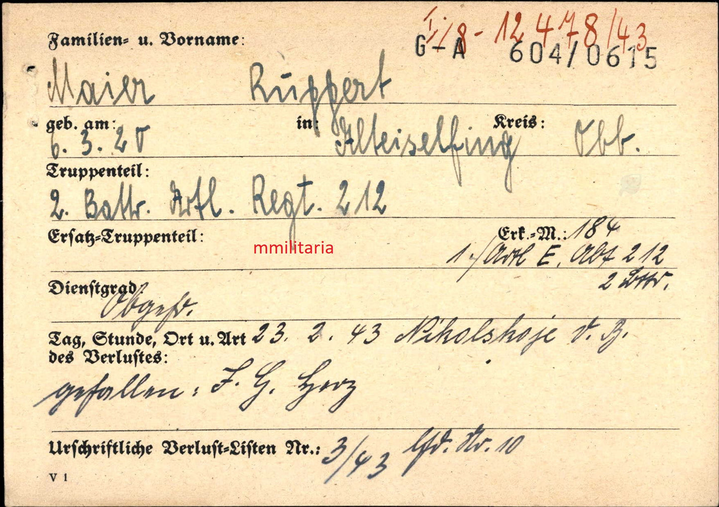 Sterbebild Obergefreiter Alteiselfing 2. Batterie Art. Regt. 212 Nikolskoje Russland