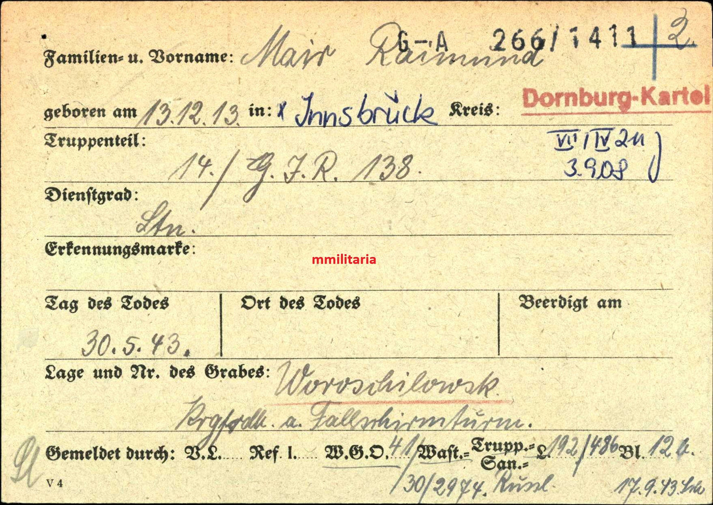 Sterbebild Leutnant Innsbruck 14. Gebirgsjäger Regt. 138 Woroschilowgrad Ukraine - www.mmilitaria.com