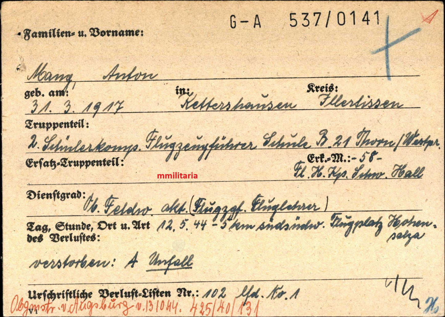 Sterbebild Oberfeldwebel Kettershausen Pilot & Fluglehrer FFS B21 Hohensalza Warthegau - www.mmilitaria.com