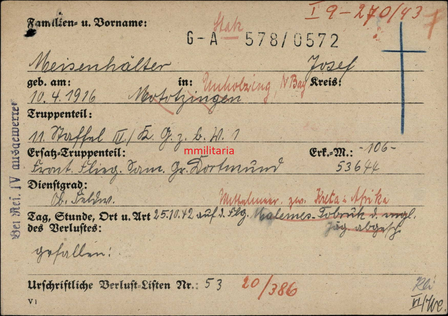 Sterbebild Oberfeldwebel Unholzing Pilot 11./KG-G. Z. B. V. 1 FFS Gold Absturz Mittelmeer Kreta Afrika