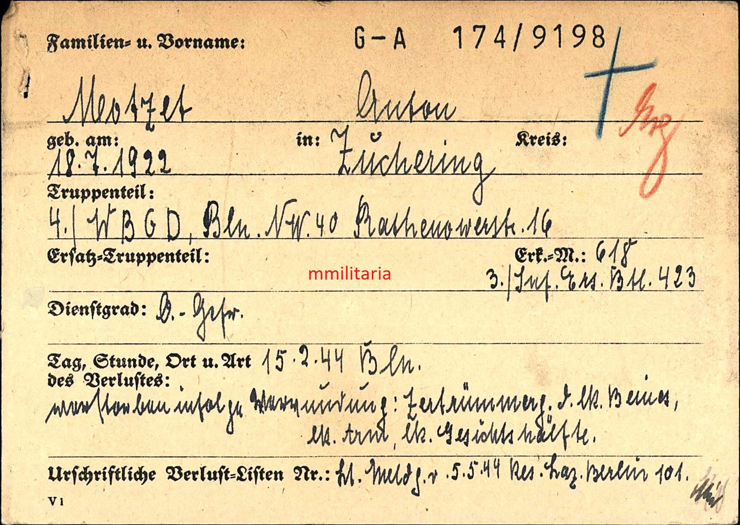 Sterbebild Obergefreiter Zuchering 4. Wach-Regiment "Großdeutschland" GD Terrorangriff Berlin