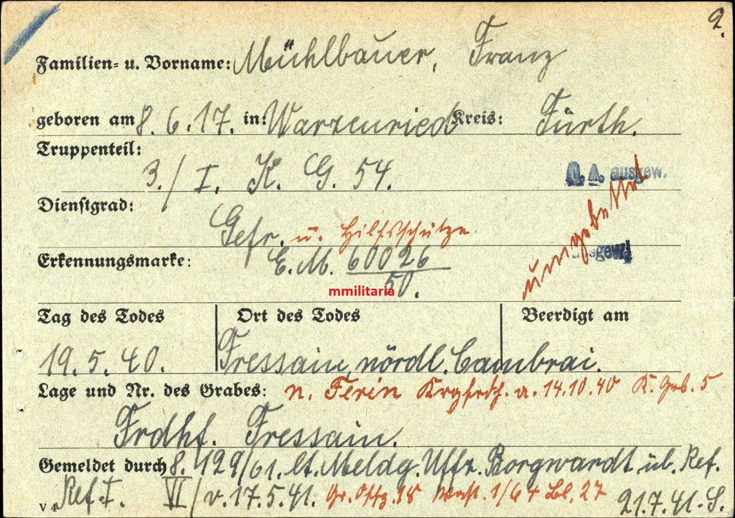 Sterbebild Gefreiter Warzenried 3./KG-54 „Totenkopf“ Fressain Frankreich