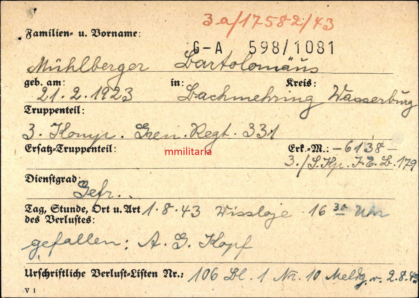 Sterbebild Gefreiter Bachmering 3. Komp. Gren. Regt. 331 Wissloje Russland