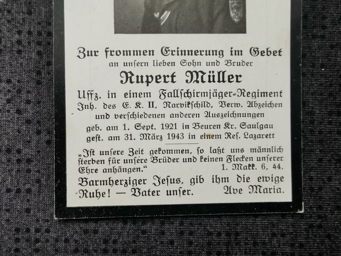 Sterbebild Unteroffizier 4. Fallschirmjäger Regt. 1 Narvikschild EK II Weingarten Deutschland