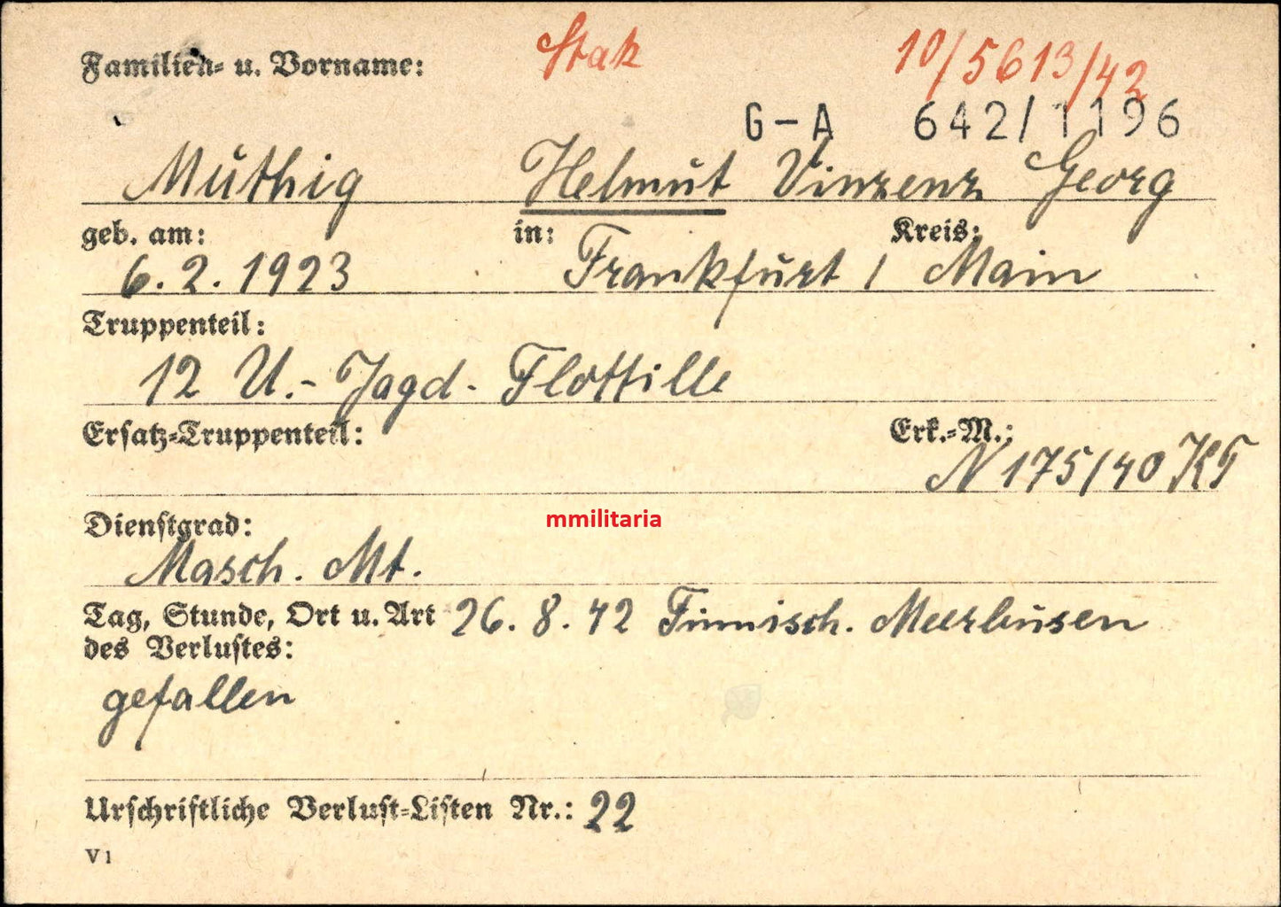 Sterbebild Maschinenmaat Frankfurt / Main 12. U-Boot Jagdflottille UJ 1216 Vikalla Finnland
