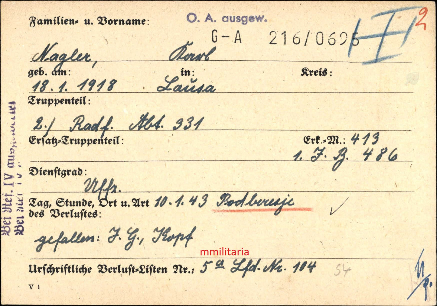 Sterbebild Unteroffizier Lausa 2. Radfahr Abt. 331 Stoßtrupp SA-Mann Podberesje Russland
