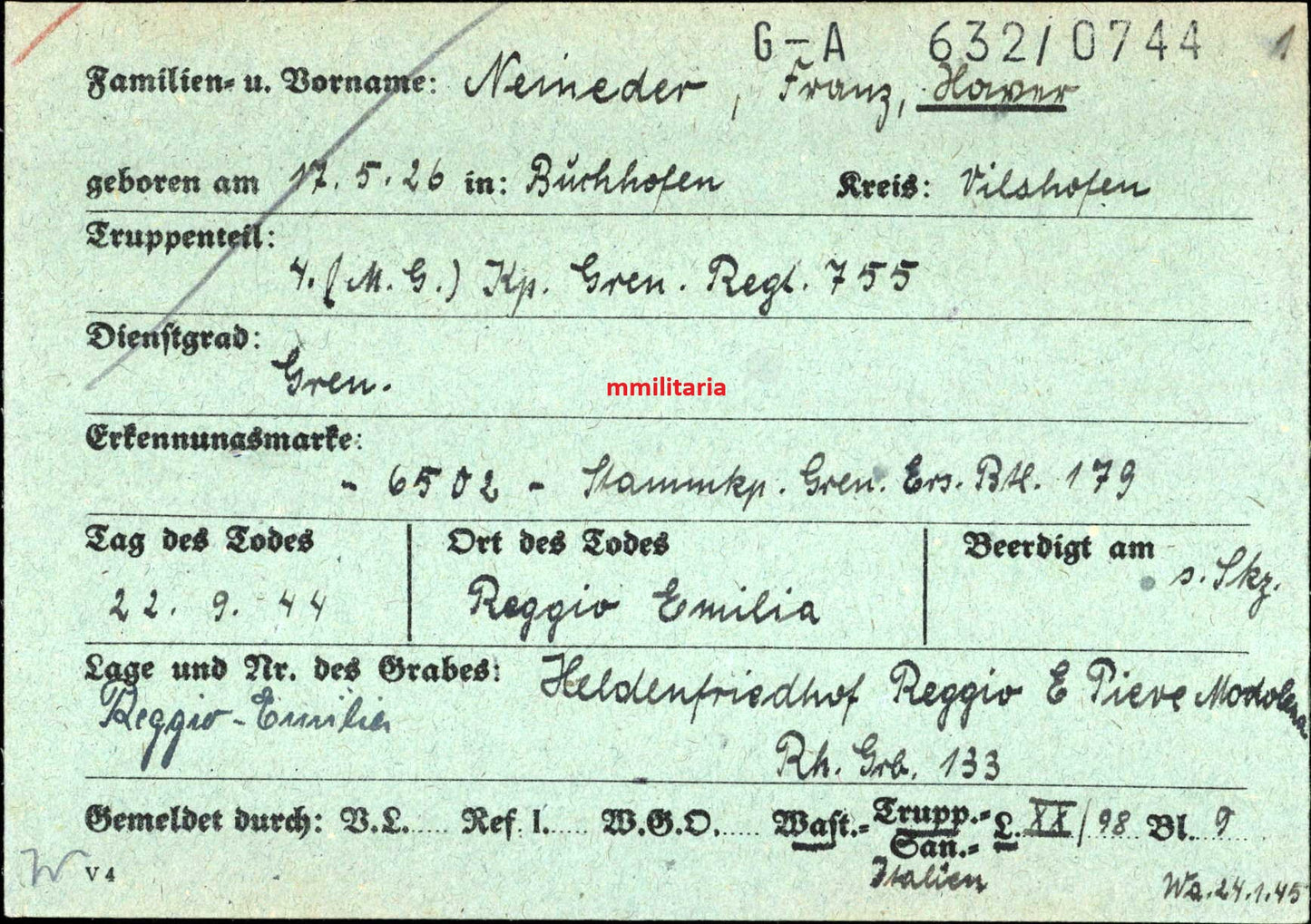 Sterbebild Grenadier Buchhofen 4. (MG) Komp. Gren. Regt. 755 Reggio Emilia Italien