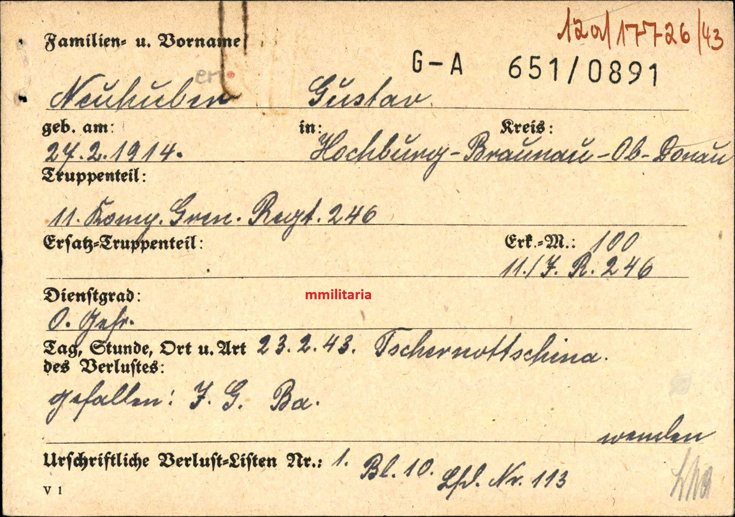 Sterbebild Obergefreiter Hochburg 11. Komp. Gren. Regt. 246 Tschernottschina Ukraine