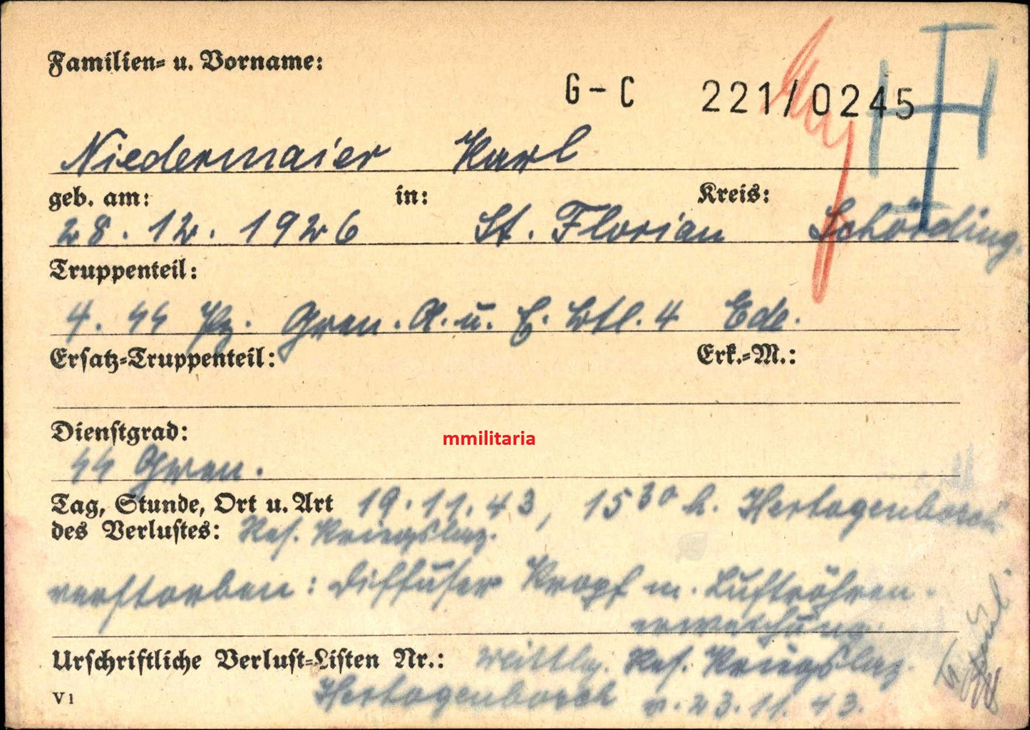 Sterbebild SS-Grenadier St. Florian 17 Jahre 4. SS-Gren. Feld Ersatz Btl. 4 Hertogenbosch Holland - www.mmilitaria.com