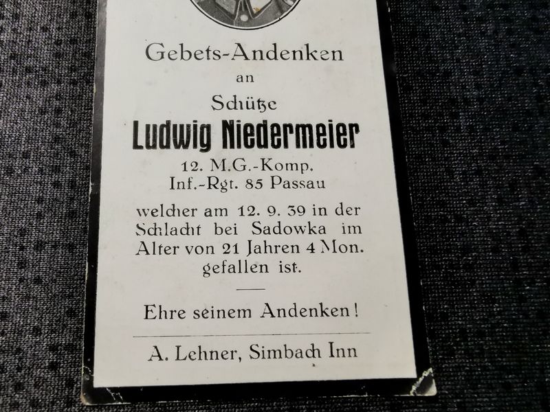 Sterbebild Schütze 12. MG-Komp. Inf. Regt. 85 Kriegsbeginn 1939 Sadowka Siemianowice Śląskie Polen - www.mmilitaria.com
