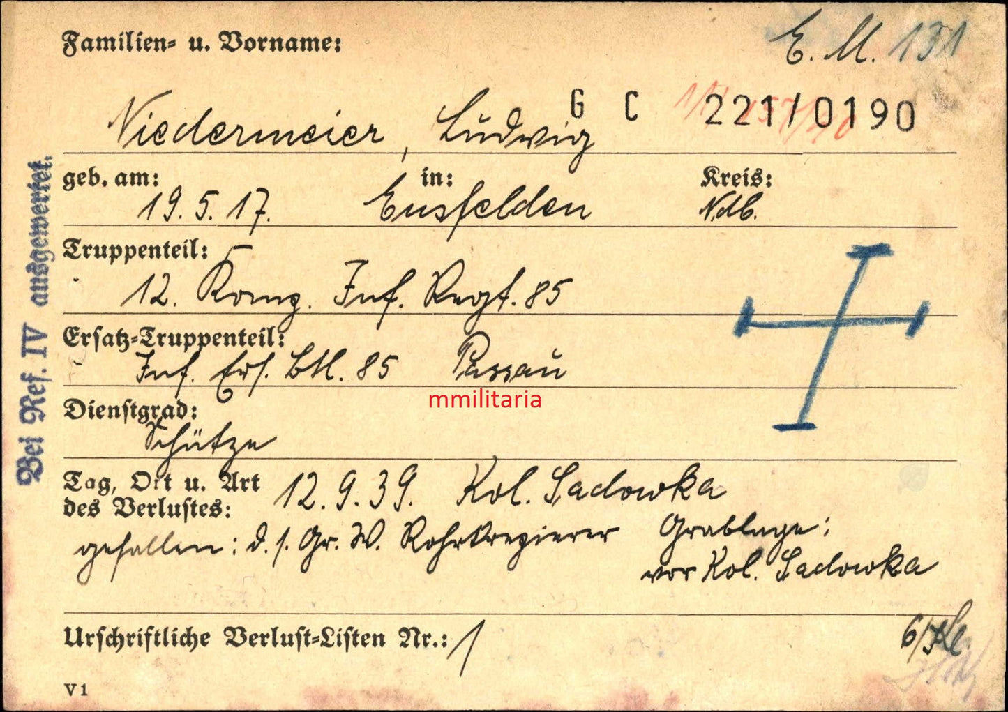 Sterbebild Schütze 12. MG-Komp. Inf. Regt. 85 Kriegsbeginn 1939 Sadowka Siemianowice Śląskie Polen - www.mmilitaria.com
