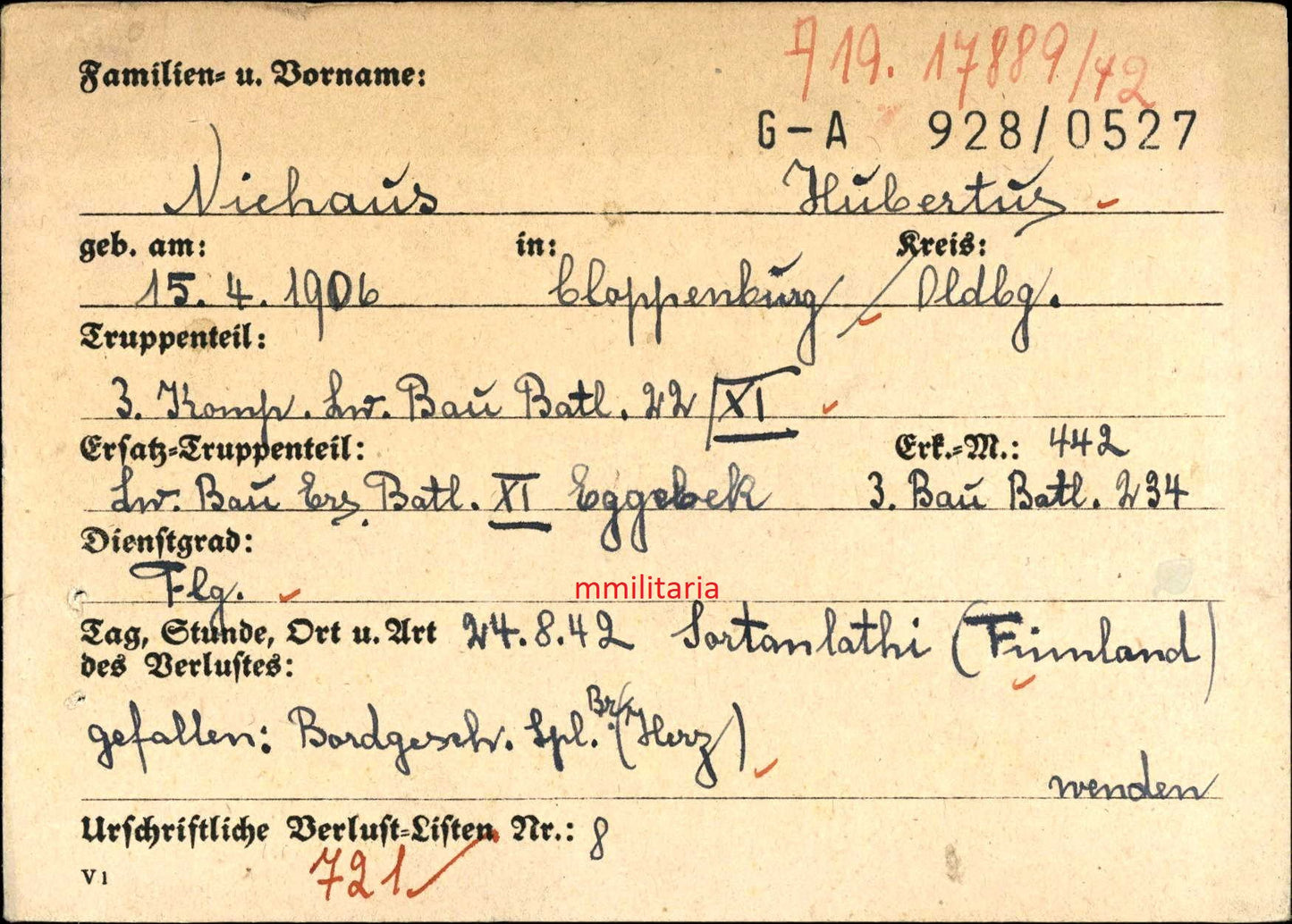 Sterbebild Gefreiter Cloppenburg 3. Komp. LW. Bau Btl. 22/XI Sortanlahti Pyhäjärvi Finnland